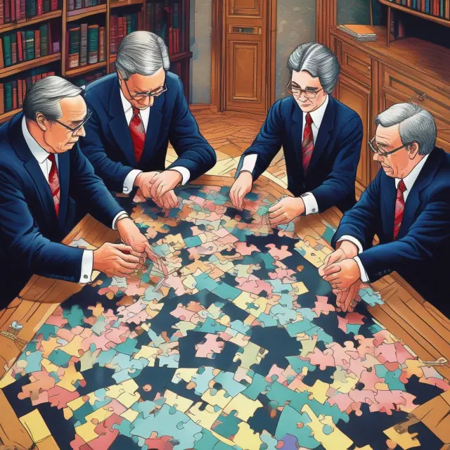 Central bank regulators assembling a jigsaw puzzle, symbolizing the importance of fitting regulatory pieces together for stable reverse repo transactions