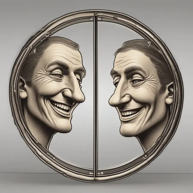 Two faces reflected in a mirror: one smiling, symbolizing advantages; the other concerned, representing disadvantages of reverse stock splits