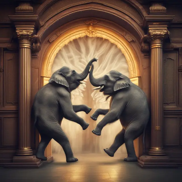 Two elephants dancing and transforming from private to public via a magical door - reverse takeovers