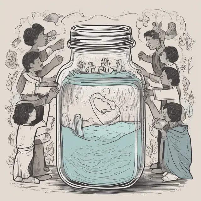 Hands symbolizing multiple beneficiaries, pouring water into a shared vessel representing a unified inheritance.