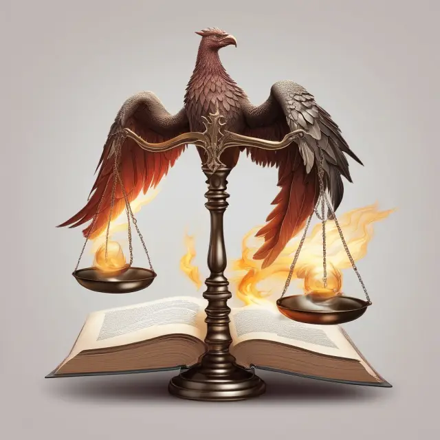 A legal scale holds an open book representing a last will, balanced against a crystal ball showcasing tax implications. A mythical phoenix rises from the ashes symbolizing estate planning and legacy.