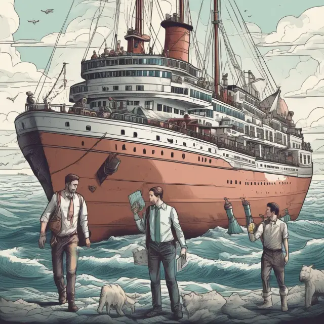 A tax accountant and estate planner sailing a boat, navigating through calm seas with beneficiaries onboard, symbolizing expert guidance for financial planning and distribution
