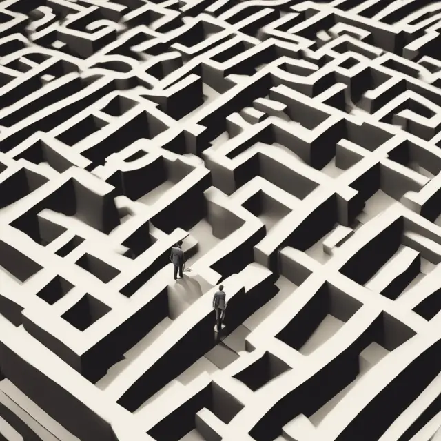 A person navigating a labyrinth filled with legal papers representing the pros and cons of establishing a revocable trust, demonstrating the complex decision-making process in estate planning.