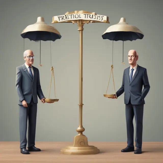 A person in front of an open book representing a revocable trust, and a locked box symbolizing an irrevocable trust. They exchange assets between them to illustrate estate planning strategies.