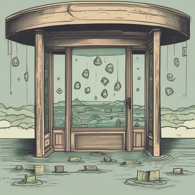 An image of a large revolving door with golden coins flowing from the private sector to the government side, symbolizing the growing influence of money on politics and the revolving door phenomenon.