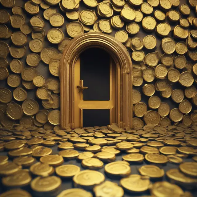 A revolving door with gold coins flowing from the private sector to the public sector and vice versa, symbolizing the exchange of knowledge, expertise, and potential conflicts of interest.