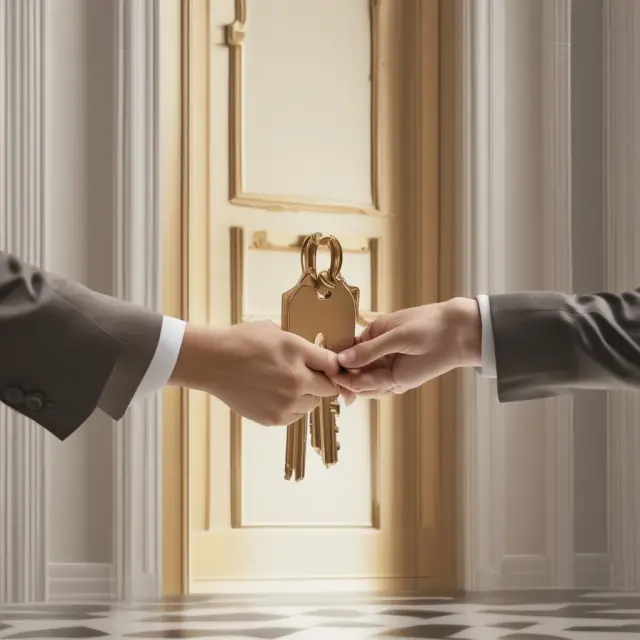 Image of golden keys being exchanged between representatives of the public sector and private sector, illustrating the revolving door phenomenon in government and policy-making