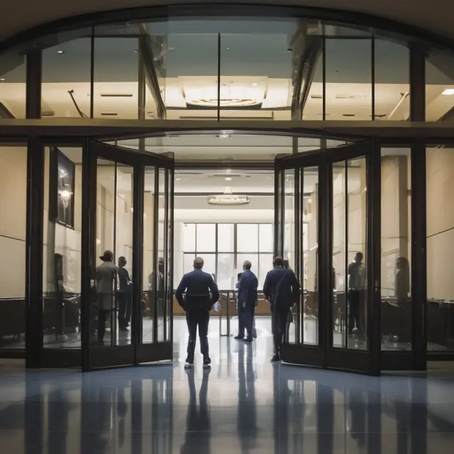 Image of revolving doors connecting government buildings and corporate offices, with former officials transitioning between roles