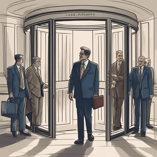 A politician entering a revolving door symbolizing the transition from government to the private sector. Ethical concerns around potential conflicts of interest arise.