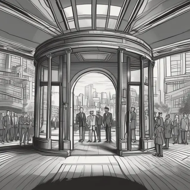 A revolving door transitioning into a bridge, representing the intersection of public and private sectors and potential conflicts of interest.
