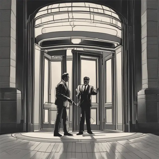 Image: Media magnifying glass shines on a revolving door, illustrating media scrutiny