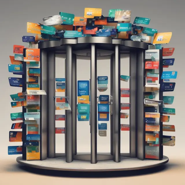 Metaphorical image: A revolving door made of various credit cards represents the ongoing access to funds in revolving credit.