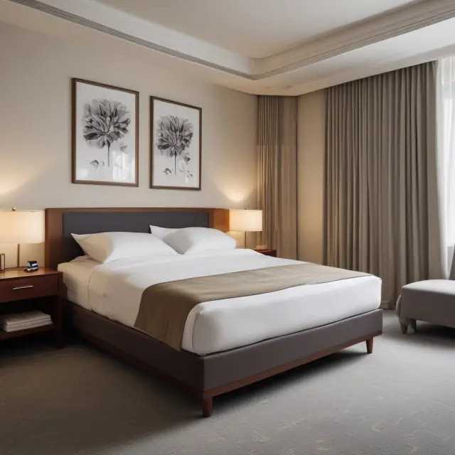 A hotel room scale balances Average Daily Rate (ADR) and Occupancy Rate, representing the calculation of Revenue Per Available Room (RevPAR)
