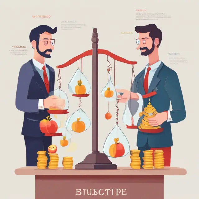 Advisor assessing hourglasses filled with coins (hourly/flat fees), apples (asset-class-based fees), graphs (performance fees), and a percentage sign (management fees)
