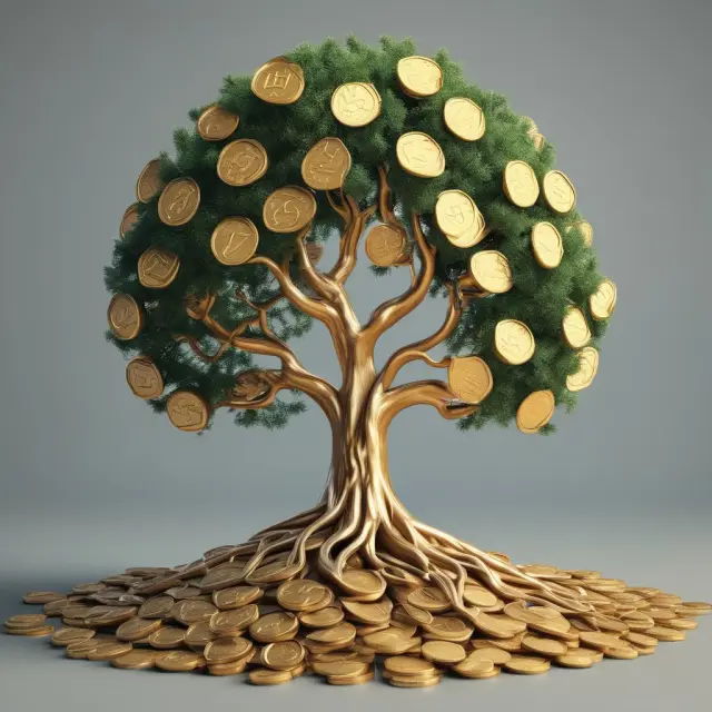 Golden coins on intertwining tree roots represent RIC