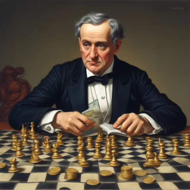 David Ricardo pondering taxes vs. debt financing on a checkerboard, symbolizing real resources consumed in each scenario.