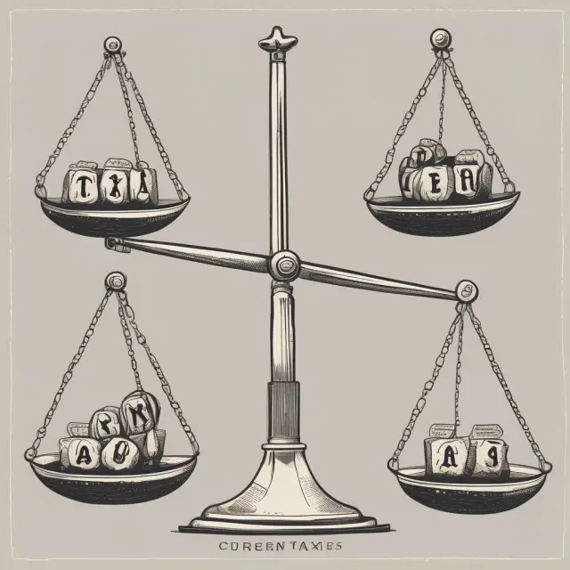 Scale depicting current taxes, future taxes, and government spending achieving equilibrium.