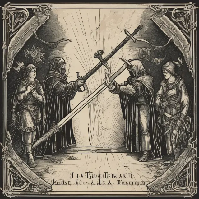 A person holding two swords, representing ROFR and options, standing between buyers and sellers at a marketplace