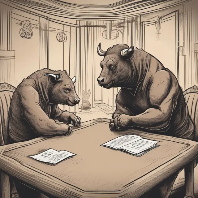 Bull and bear discussing call and put options at a table, representing different investment strategies.