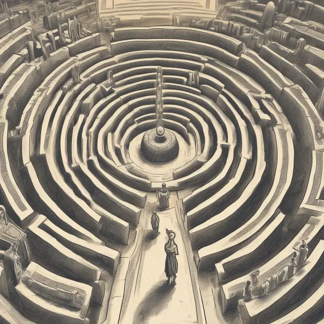 A shareholder navigating a maze filled with FAQs related to rights offerings, assisted by wise market oracles