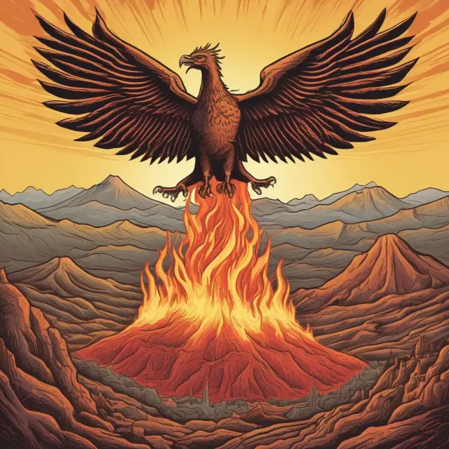 A labor union phoenix rises above a field of volatile right-to-work state volcanoes, representing the ongoing battle for workers