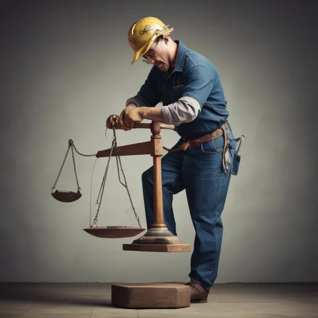 A worker standing on one foot of a scale, with a union symbol on the other, symbolizing the balance between worker
