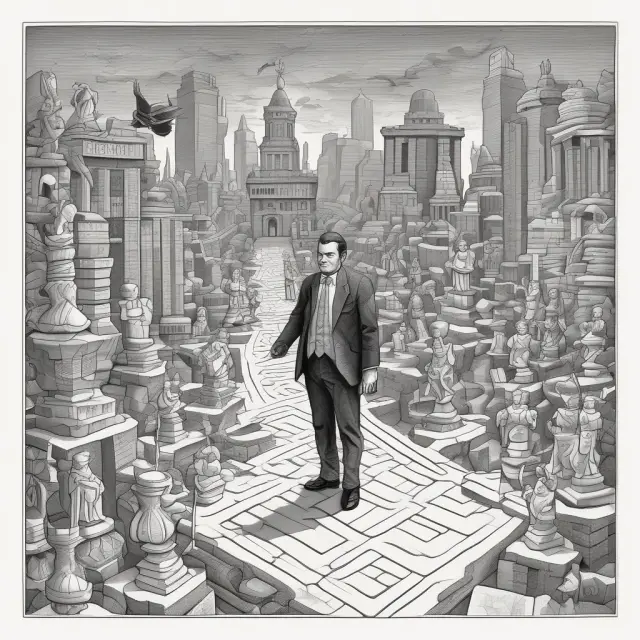 An image of a lawyer in a maze filled with legal documents and gavel-wielding statues, symbolizing the complexities and importance of legal considerations when employing ring-fencing strategies.