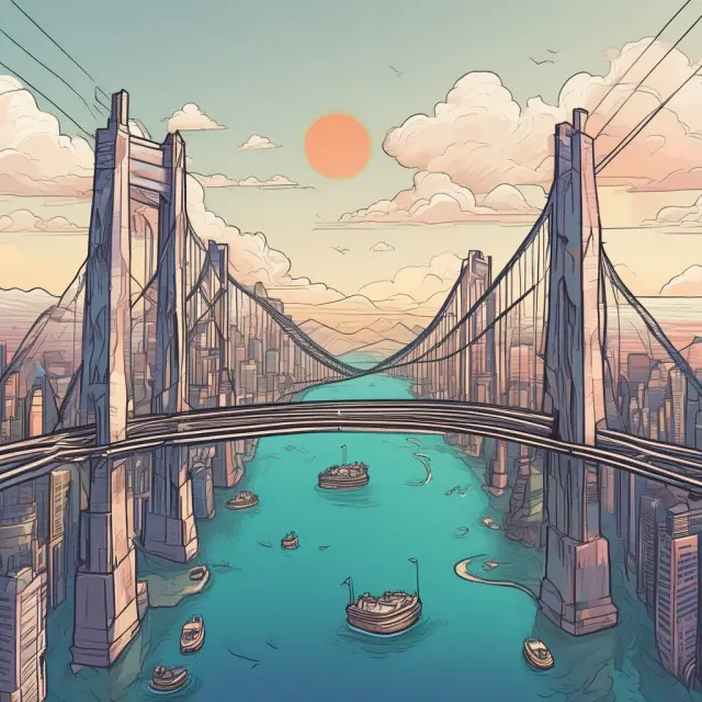 Image: A flowing river with gateways serving as bridges, connecting various currency streams in the Ripple network