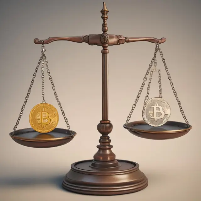 A balance scale holds Bitcoin and Ripple coins, symbolizing their comparison in terms of decentralized blockchain vs. peer-to-peer protocols for digital transactions.