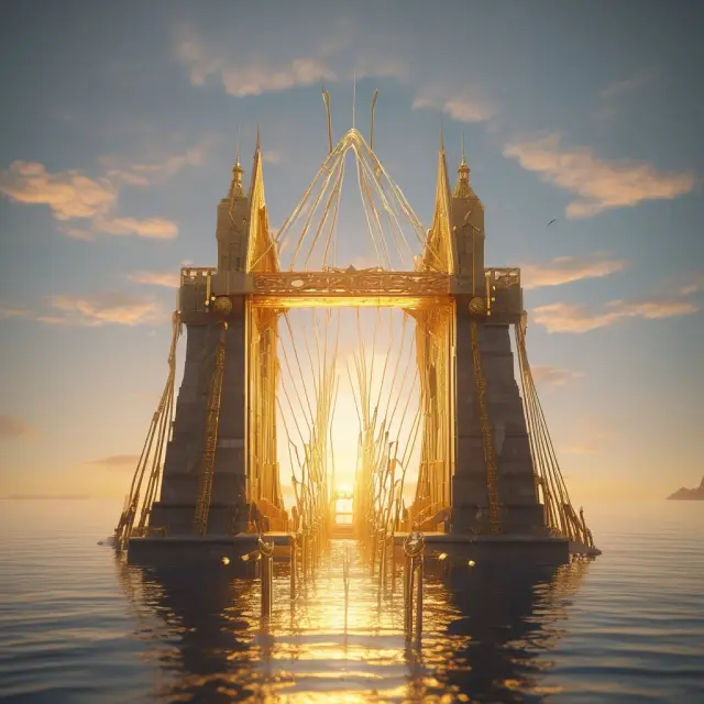 Golden bridge connecting two islands represents trust and reliability between gateways in the Ripple network, mitigating counterparty risk.