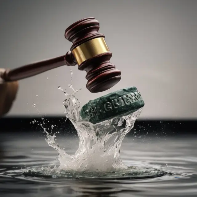 An SEC agent wields a gavel, causing ripples in an XRP-filled pond, signifying ongoing regulatory investigations.