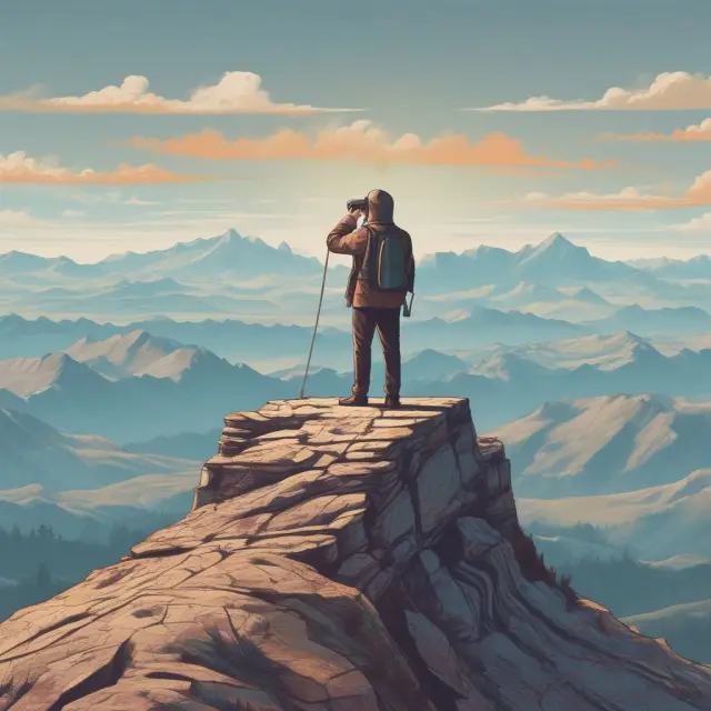 A risk analyst on top of a mountain of uncertainties, wielding scales to weigh risks and binoculars for a clear view