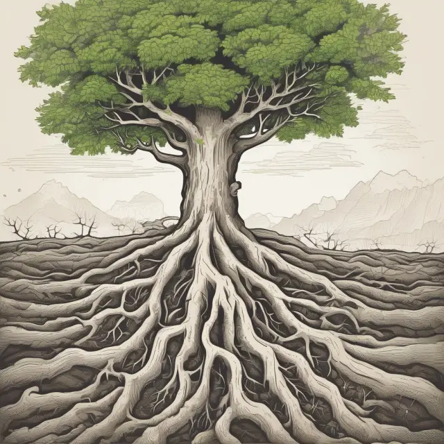 An ancient tree with its deep roots representing risks, and investigators examining each root to uncover underlying causes