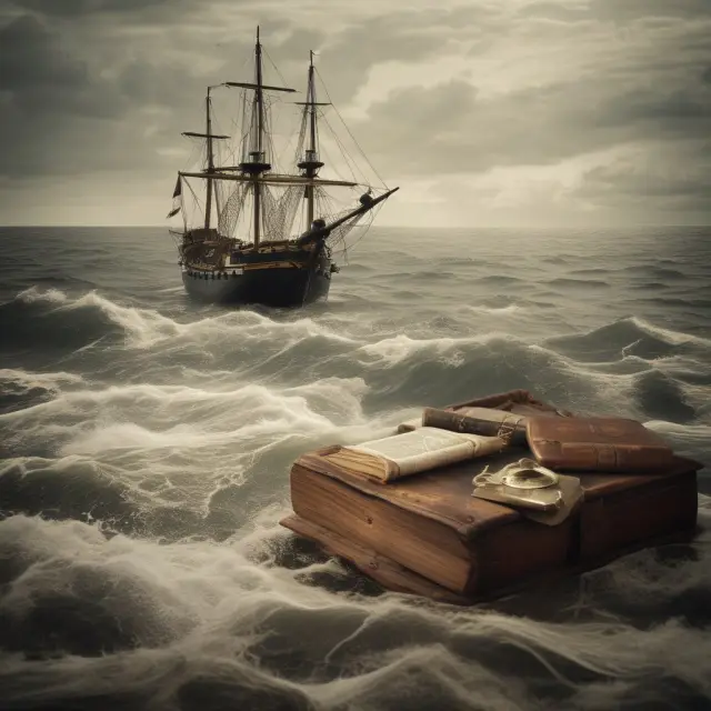 A ship braving complex regulations, represented by open lawbooks, as it sails through murky waters, symbolizing the importance of navigating regulatory compliance in risk analysis