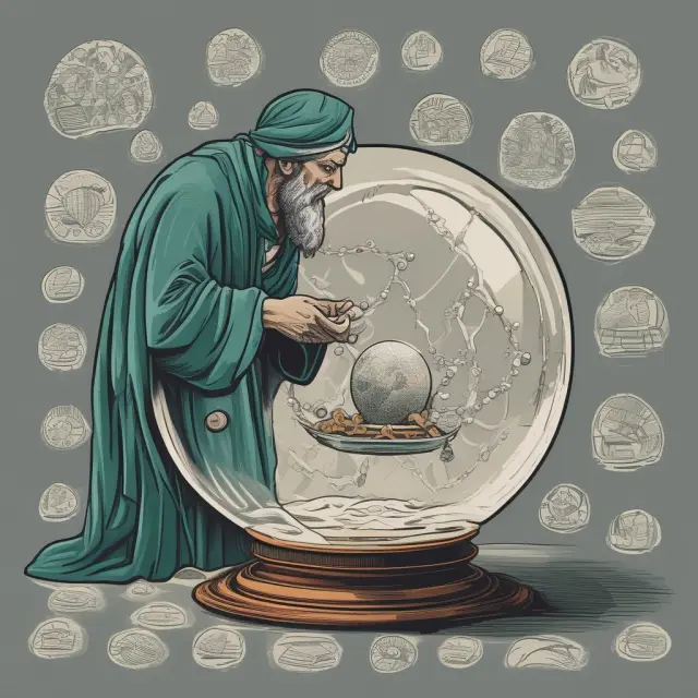 Wise figure analyzing company logos in a crystal ball, representing qualitative assessment of risk.