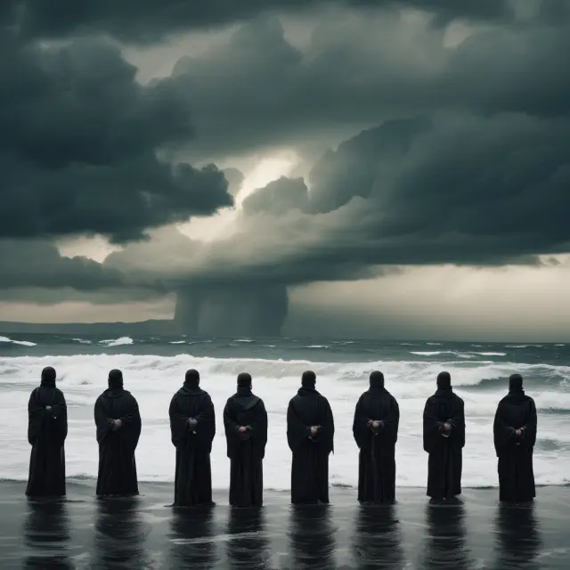 Five guardians representing market, credit, liquidity, operational, and strategic risks bravely facing a stormy sea