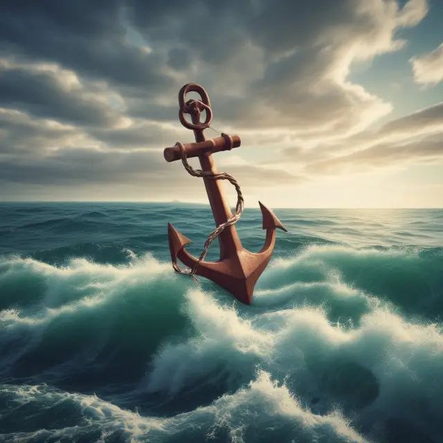 Image of an anchor securing a calm ocean amidst turbulent financial waves with the label 
