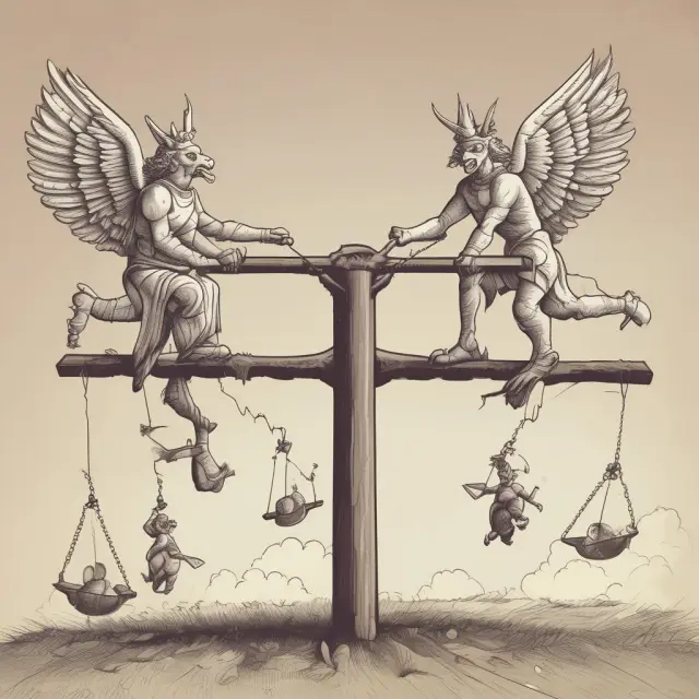 Angels and devils on a seesaw illustrating the pros and cons of using risk-neutral probabilities for financial modeling