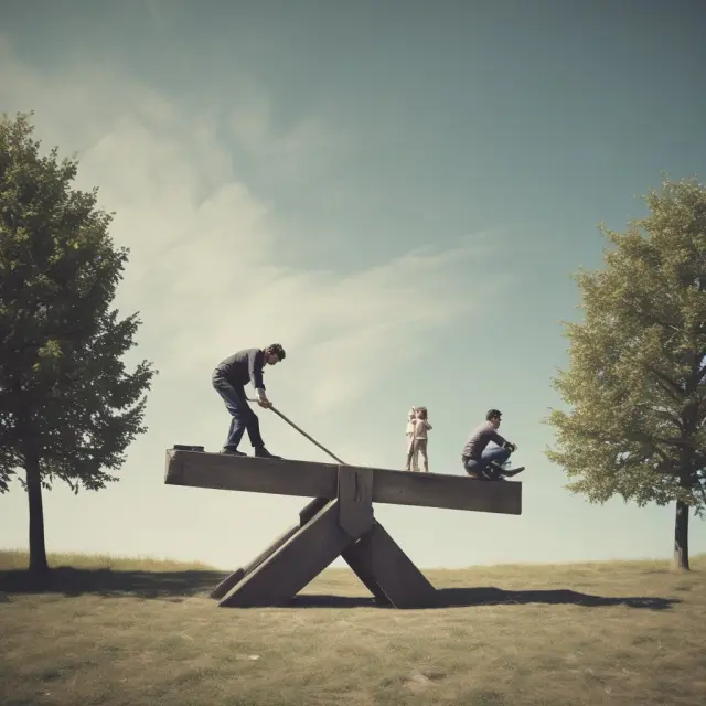 An investor choosing between risk and reward on a teeter-totter, symbolizing the impact of risk aversion on investment decisions.