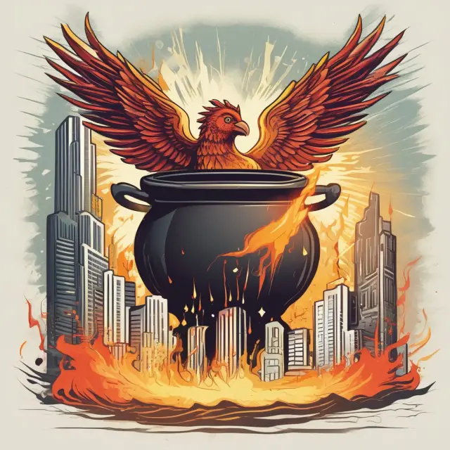 Phoenix rising from fire represents changing investor risk sentiment. Cauldron filled with stock tickers symbolizes asset classes