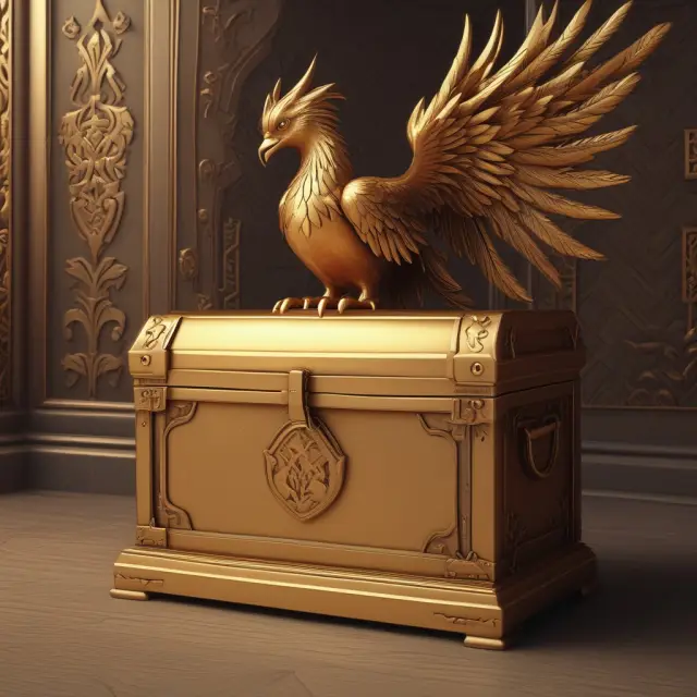 A golden chest filled with treasuries guarded by a phoenix, symbolizing safe haven assets