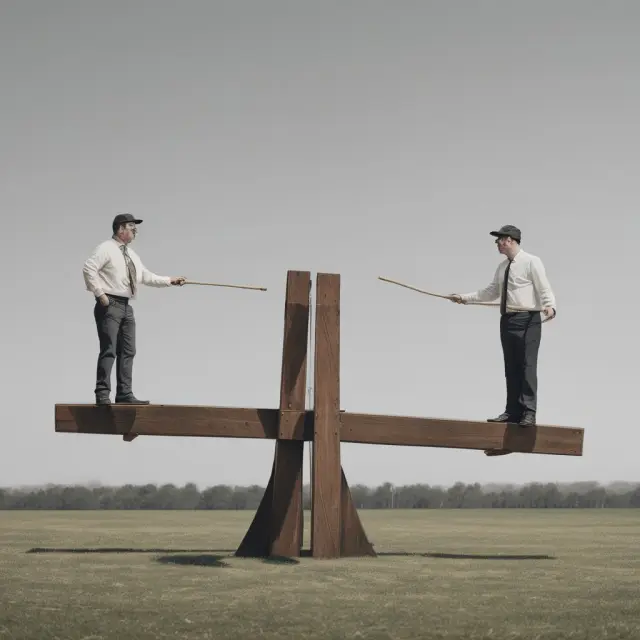 Two investors, symbolizing MPT and Risk Parity, stand on opposite sides of a seesaw. Balancing risk and return.