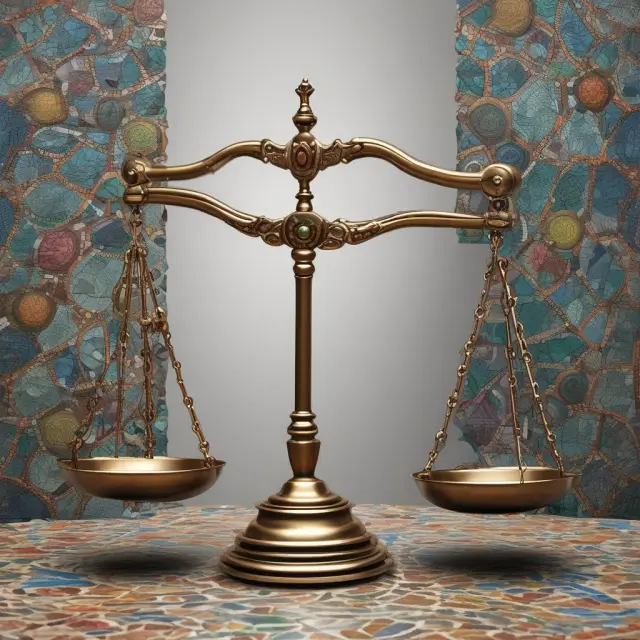 Scales representing risk parity with balanced asset allocation in a mosaic pattern.