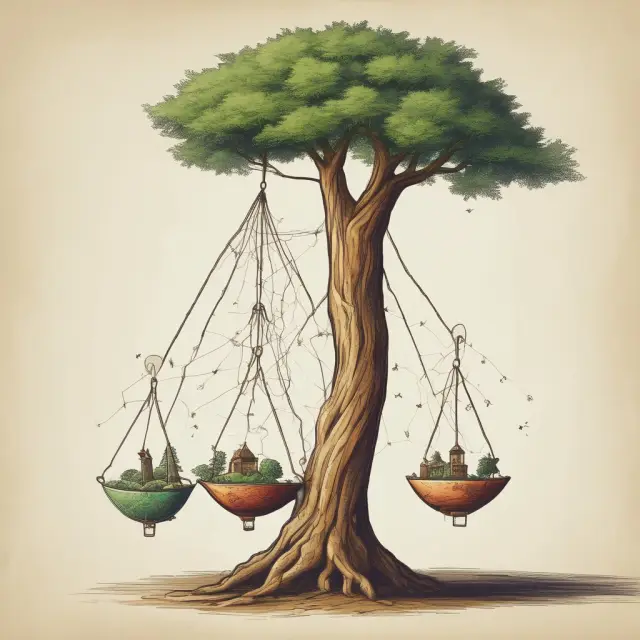 A pendulum swinging between a fortune teller and a tree symbolizing risk tolerance (willingness) and financial capacity (ability), respectively.