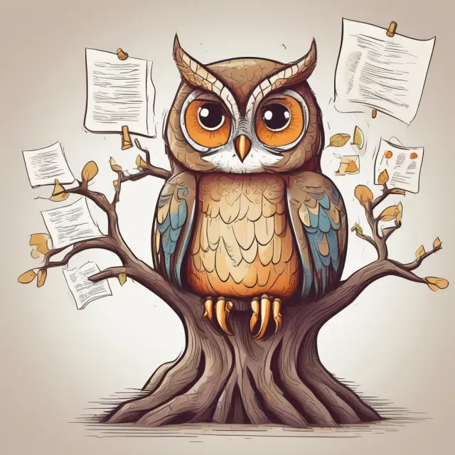 An ethereal compliance division representative and wise auditor owl examining a risk profile tree, emphasizing the importance of due diligence in creating effective risk management strategies.