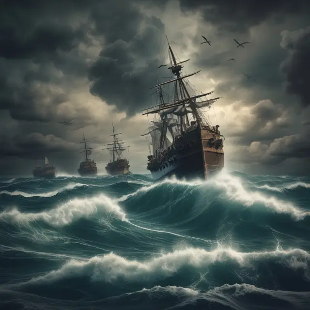 A tumultuous sea filled with sinking ships symbolizes the potential consequences of failing to minimize risks, while a sturdy island signifies effective risk management.