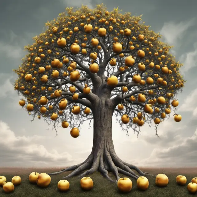 Golden tree with apples symbolizing returns and thorns symbolizing risks, emphasizing risk-adjusted performance.