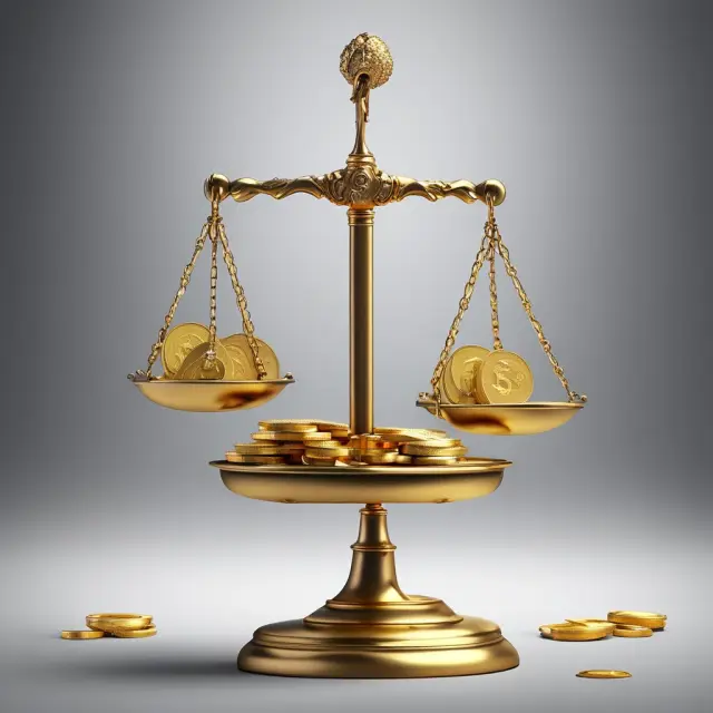 Golden scales balanced with coins representing different investments. Investor evaluates potential profit versus risk.