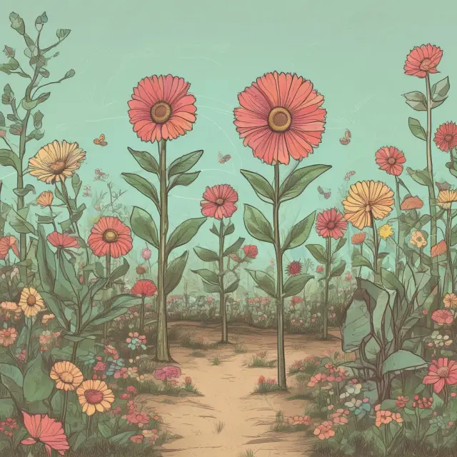 Image of various investment instruments represented as flowers, each labeled with its corresponding risk measures: Alpha, Beta, R-squared, Standard Deviation, Sharpe, and Treynor Ratios