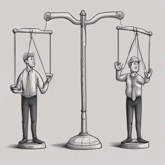 Illustrating two hands: one juggling gold coins (risk-neutral), the other holding a scale pan with gems and gold bars (risk-averse).